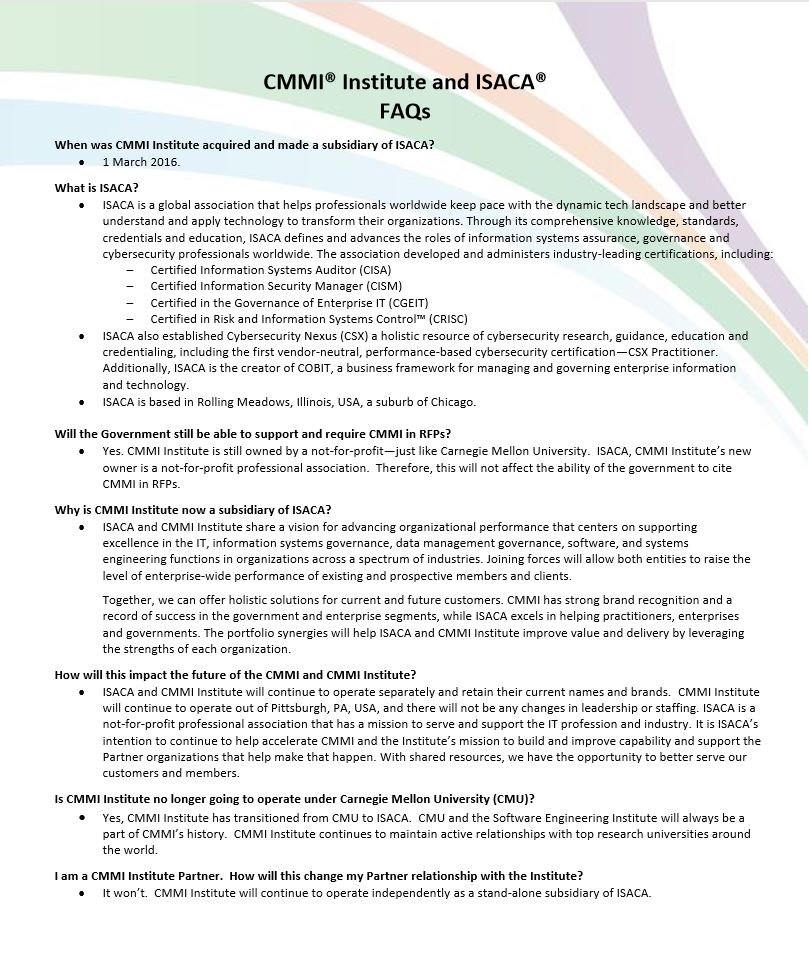 ISACA®-CMMI® Institute Acquisition FAQ's