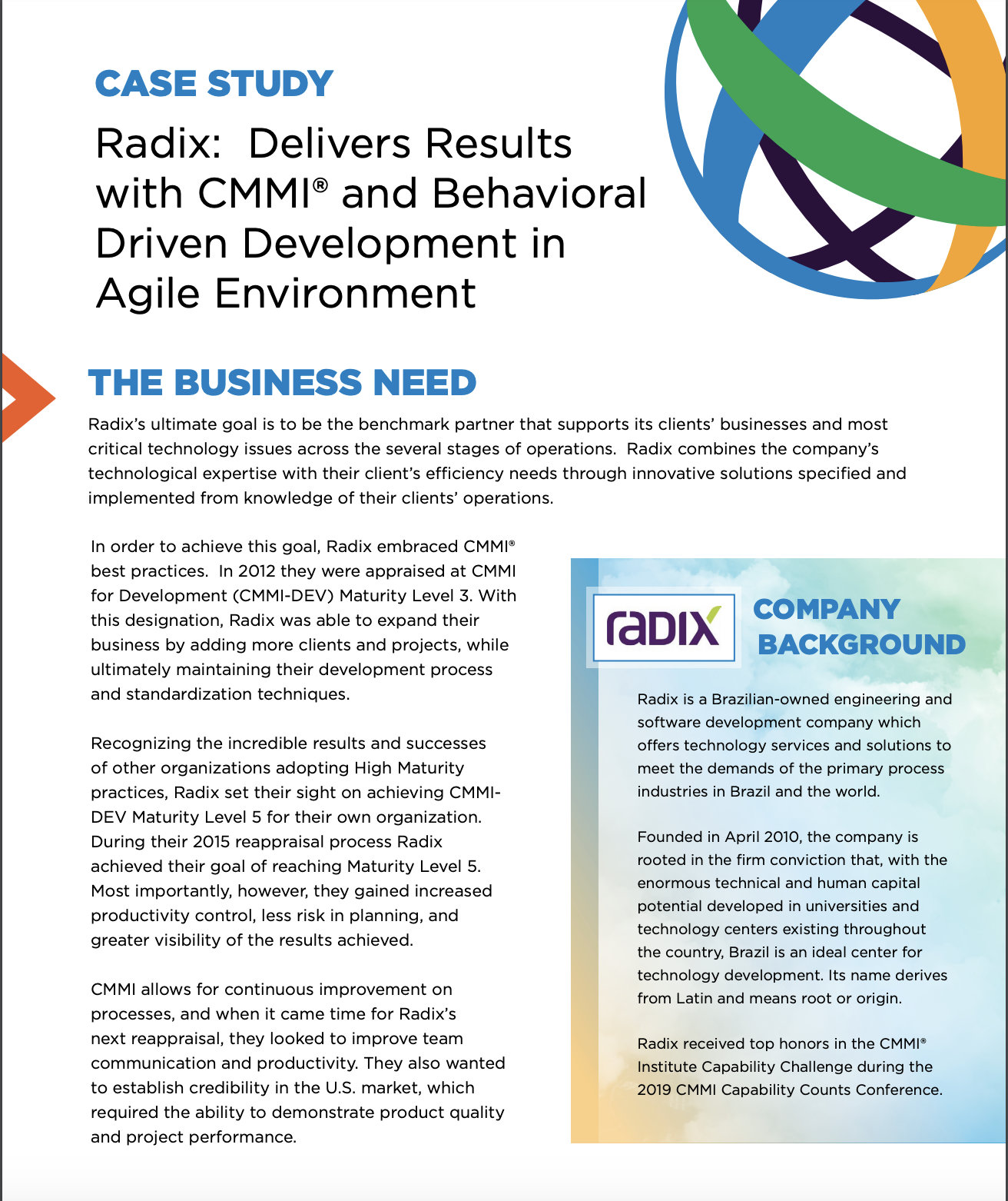 Radix: Delivers Results with CMMI and Behavioral Driven Development in Agile Environment