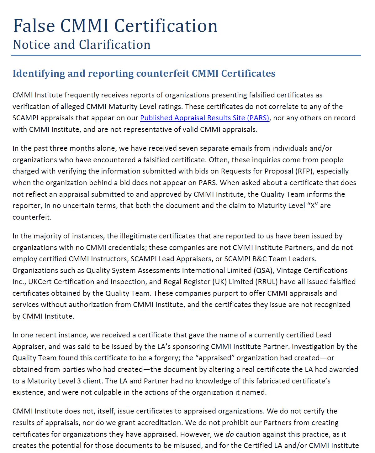 February 2018 Quality Tip - False CMMI Certification